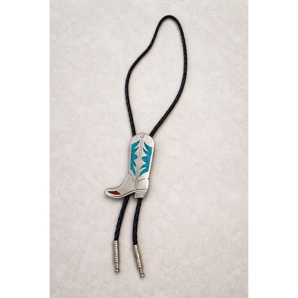 EGE Vintage Western Bolo Tie Cowboy Boot‎ Turquoise Inlay Silver Tone Black Cord